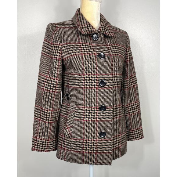 Talbots Plaid Wool Button-Up Blazer Tan Black Houndstooth 8 Petite Pea Coat - Picture 1 of 9